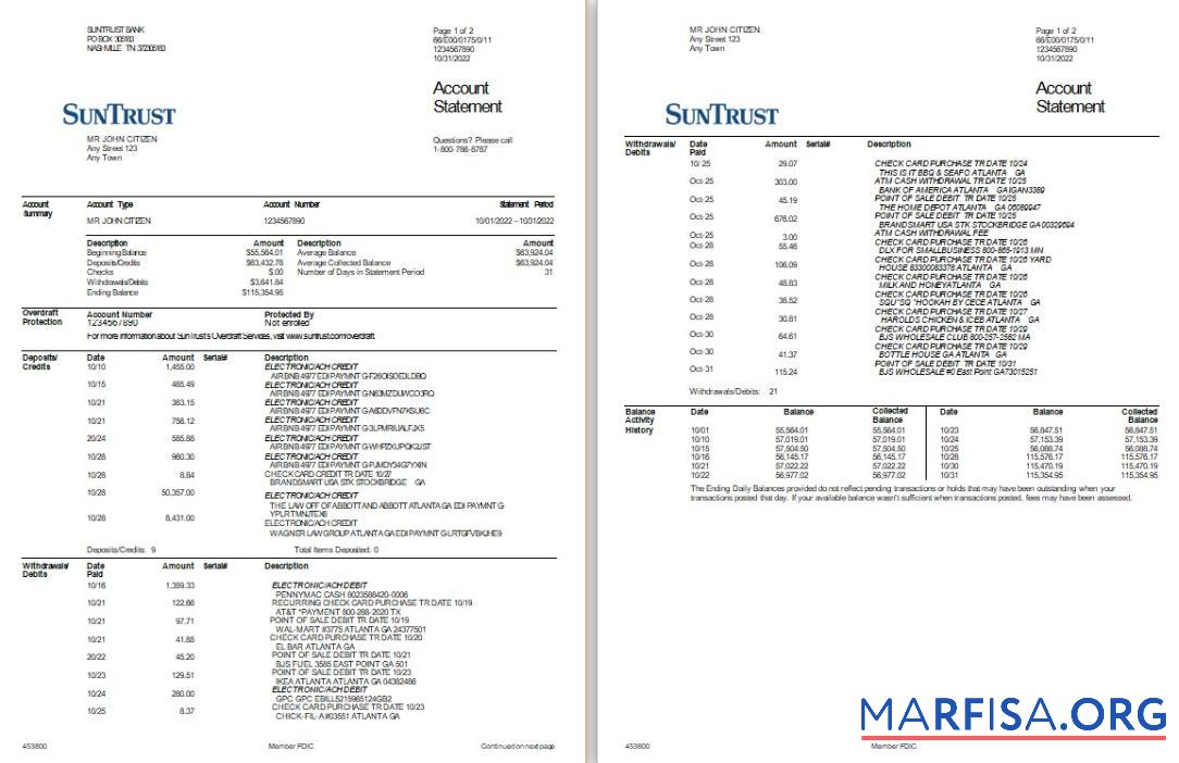 Printable USA SunTrust bank statement word 2 pages real example
